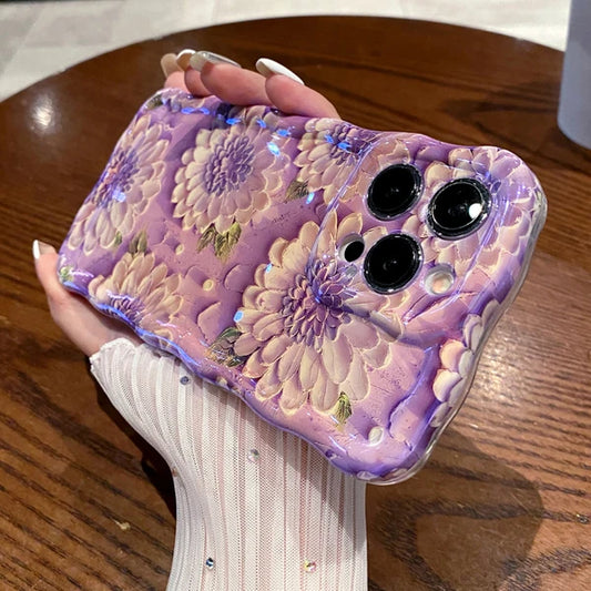 Wave Blue Light Oil Painting Flower Phone Case Suitable for iPhone 11 12 13 14 15 Pro Max Small Fresh Phone Case Cover Casing