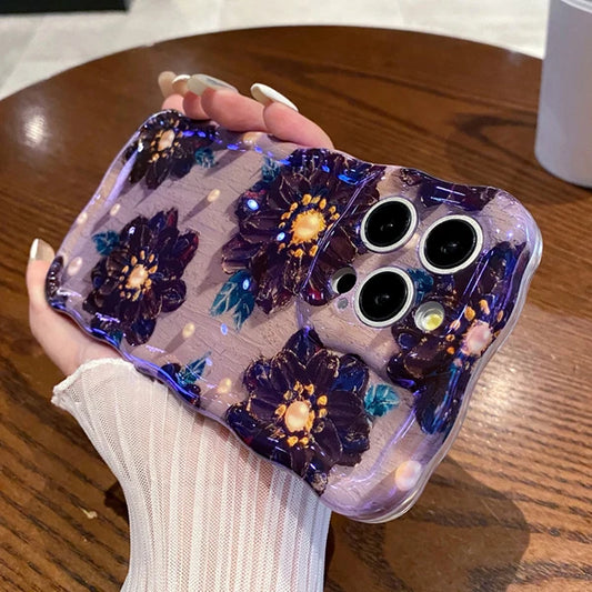 Wave Blue Light Oil Painting Flower Phone Case Suitable for iPhone 11 12 13 14 15 Pro Max Small Fresh Phone Case Cover Casing