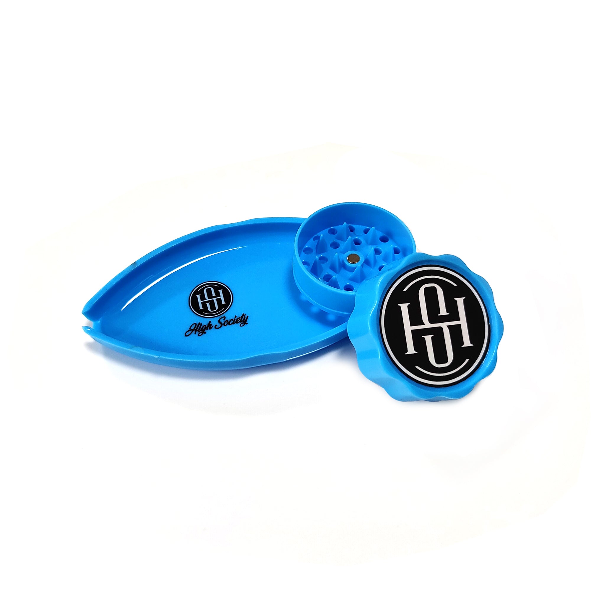 High Society | Mini Rolling Tray Grinder Combo - Neon Blue