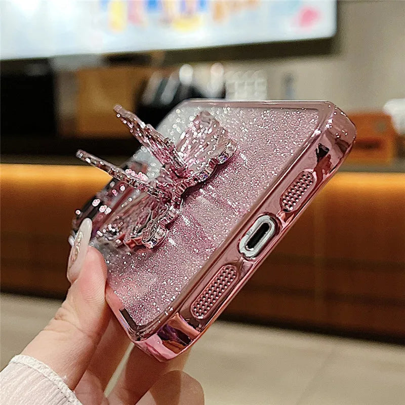 Gradient Glitter Butterfly Holder Plating Phone Cases for iPhone 15Pro 11 12 13 14 Pro Max Clear Shockproof Soft Silicone Cover