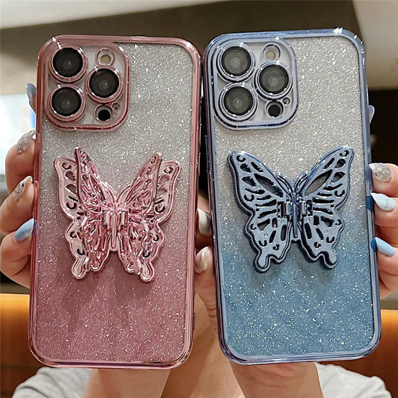 Gradient Glitter Butterfly Holder Plating Phone Cases for iPhone 15Pro 11 12 13 14 Pro Max Clear Shockproof Soft Silicone Cover