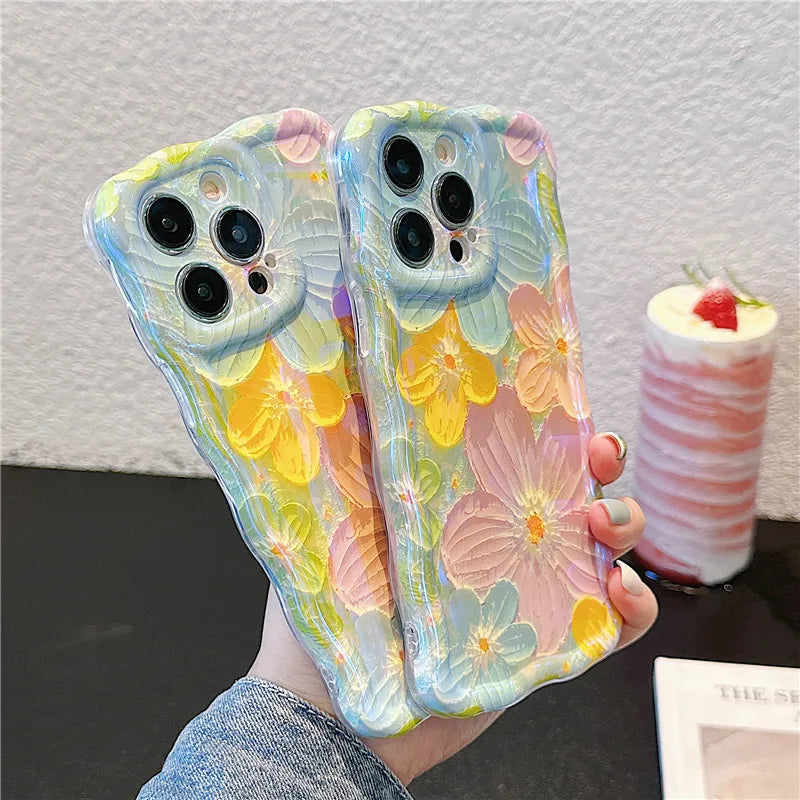 Ottwn Wave Dage Oil Painting Flower Pattern Phone Case For iPhone 15 Pro Max 14 13 12 11 Pro Soft Shockproof Back Bumper Covers