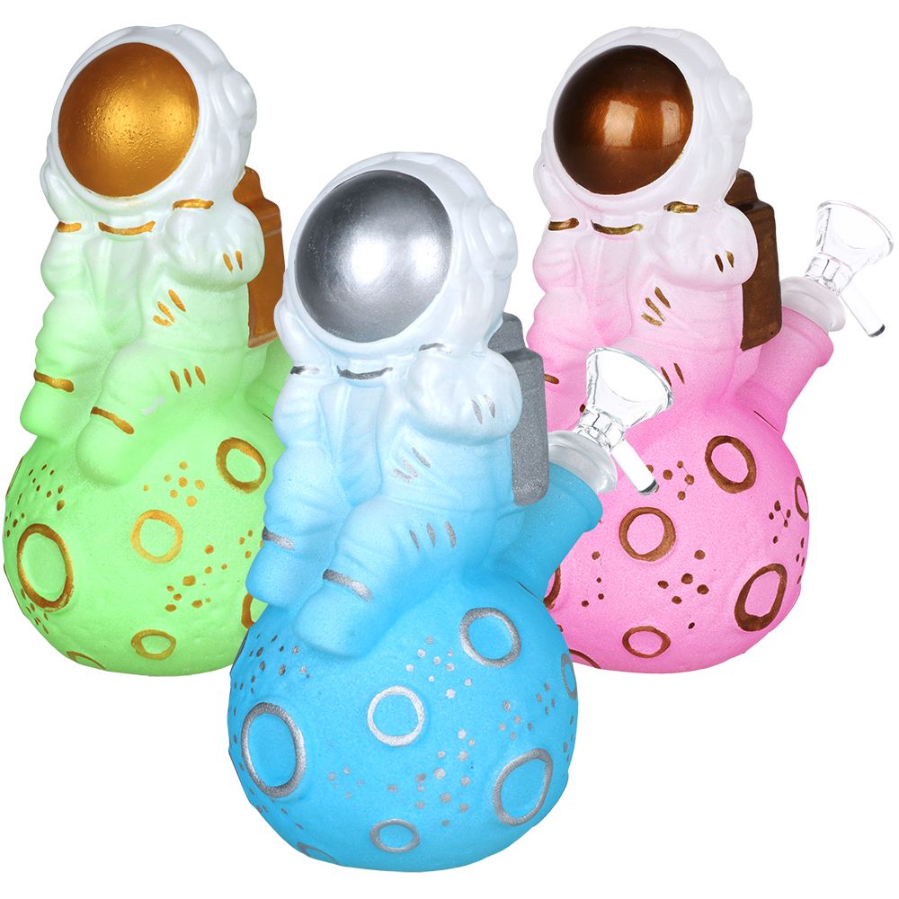 Astronaut Glow In The Dark Painted Glass Water Pipe - 6.75"