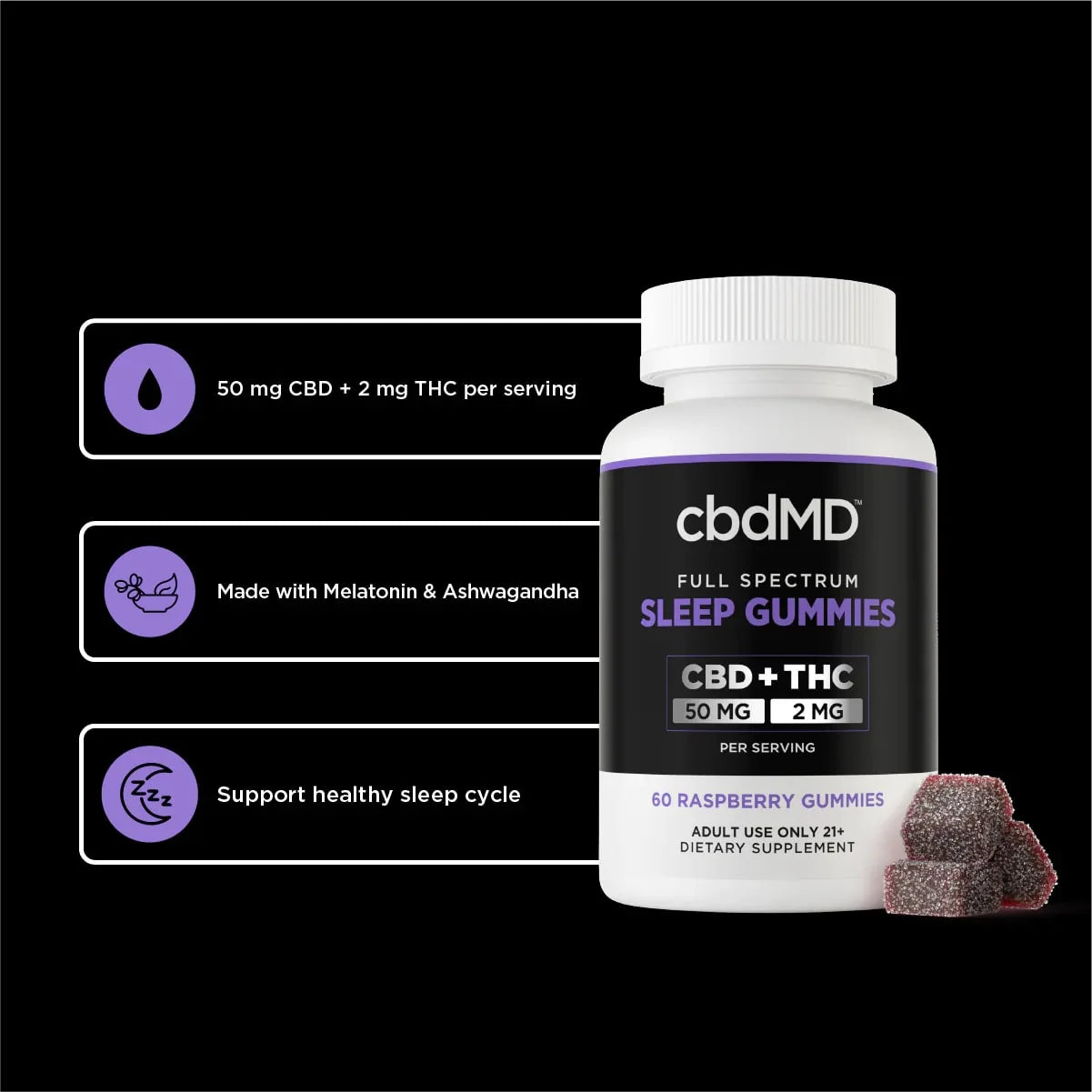 cbdMD Full Spectrum CBD PM Sleep Gummies Raspberry - 1500MG, 60ct