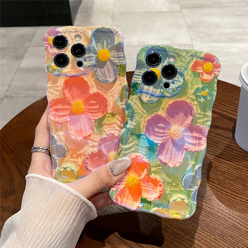 Luxury Laser Pink Glitter 3D Painting Flowers Phone Case For Iphone 11 12 13 14 15 ProMAX Shockproof Bumper IMD Soft Back Cover