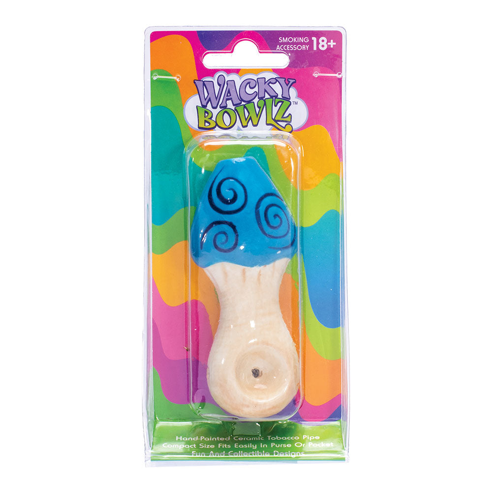 Wacky Bowlz Blue Swirl Mushroom Ceramic Pipe - 4"