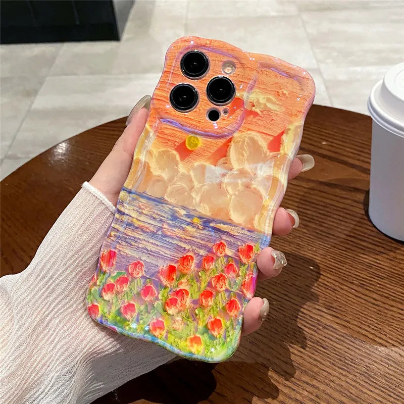 Luxury Laser Pink Glitter 3D Painting Flowers Phone Case For Iphone 11 12 13 14 15 ProMAX Shockproof Bumper IMD Soft Back Cover