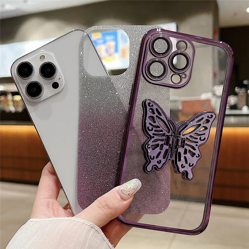 Gradient Glitter Butterfly Holder Plating Phone Cases for iPhone 15Pro 11 12 13 14 Pro Max Clear Shockproof Soft Silicone Cover