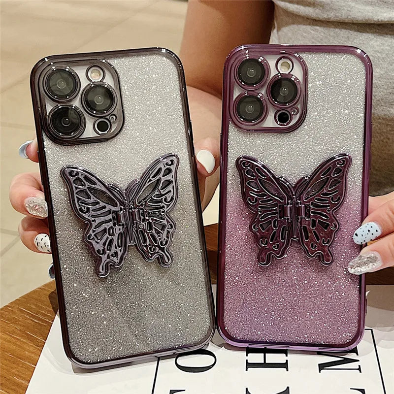 Gradient Glitter Butterfly Holder Plating Phone Cases for iPhone 15Pro 11 12 13 14 Pro Max Clear Shockproof Soft Silicone Cover