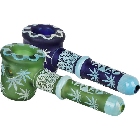 Flower of Leaf Sandblasted Glass Hand Pipe - 4.75"