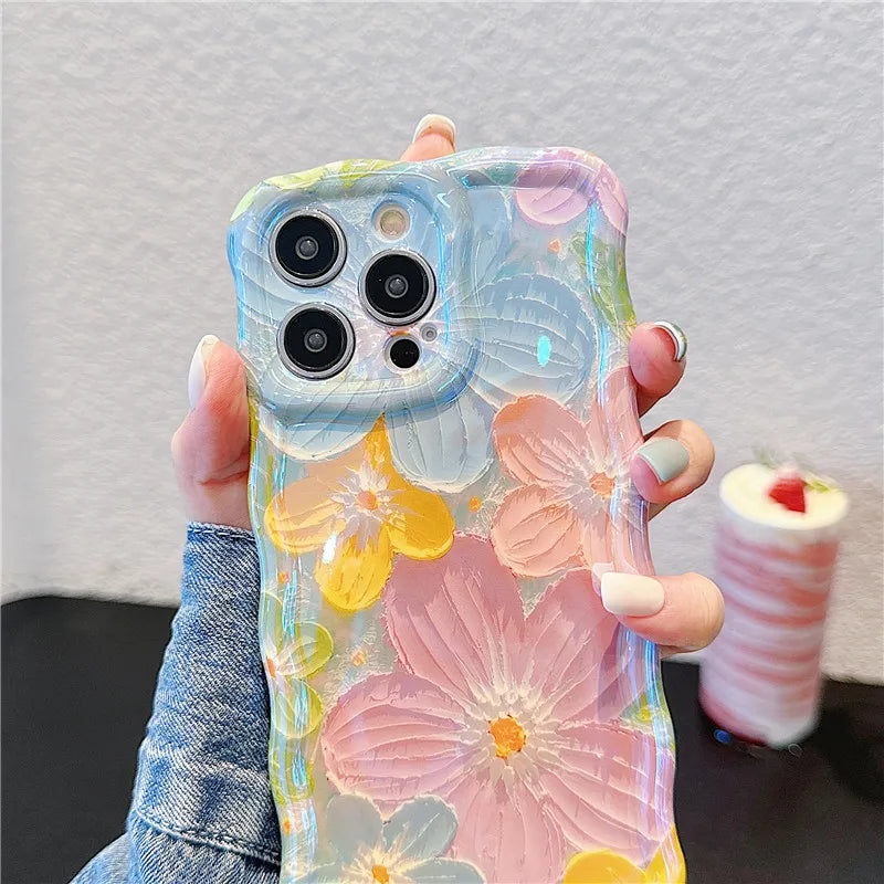 Ottwn Wave Dage Oil Painting Flower Pattern Phone Case For iPhone 15 Pro Max 14 13 12 11 Pro Soft Shockproof Back Bumper Covers