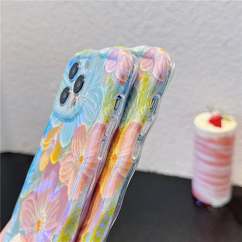 Ottwn Wave Dage Oil Painting Flower Pattern Phone Case For iPhone 15 Pro Max 14 13 12 11 Pro Soft Shockproof Back Bumper Covers