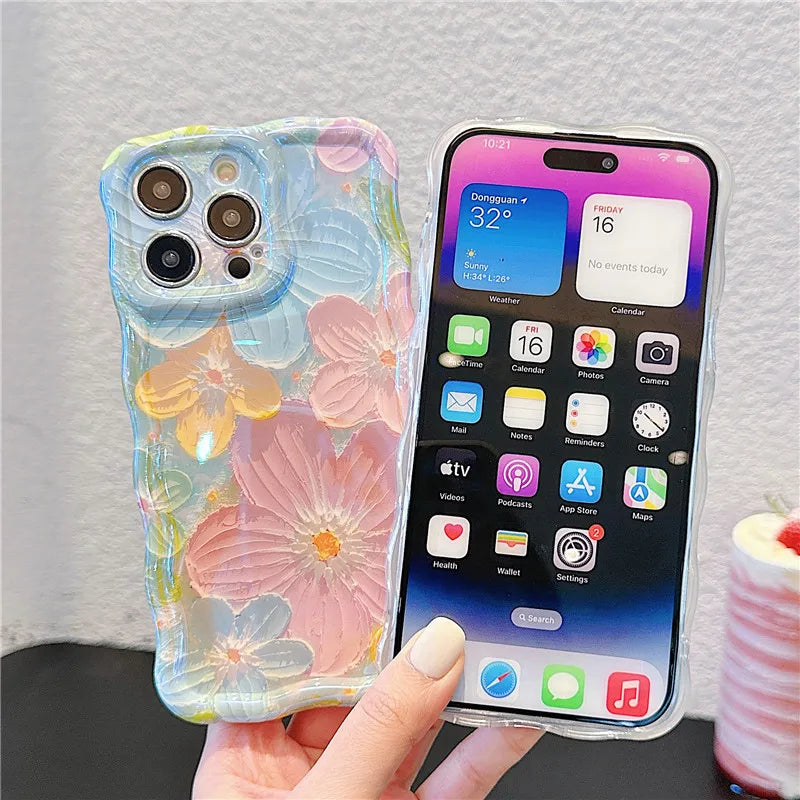 Ottwn Wave Dage Oil Painting Flower Pattern Phone Case For iPhone 15 Pro Max 14 13 12 11 Pro Soft Shockproof Back Bumper Covers