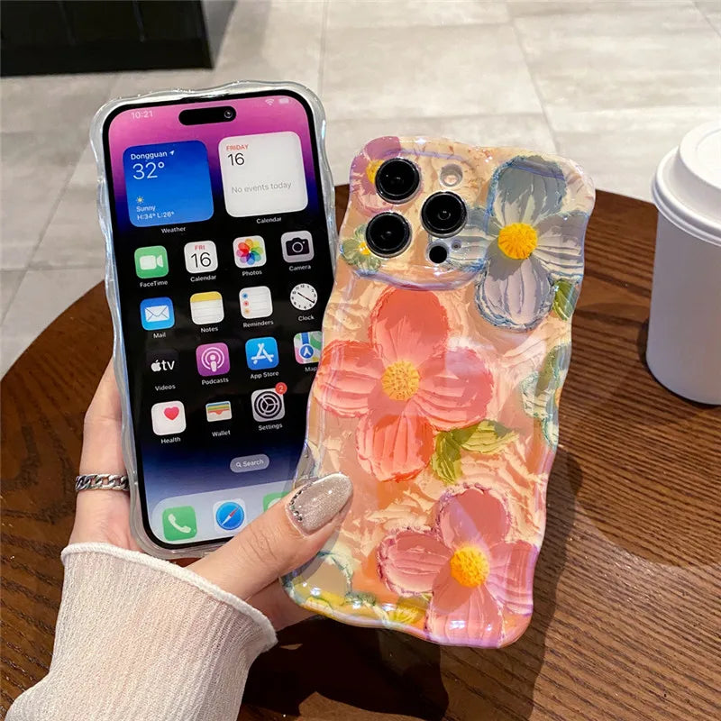 Luxury Laser Pink Glitter 3D Painting Flowers Phone Case For Iphone 11 12 13 14 15 ProMAX Shockproof Bumper IMD Soft Back Cover