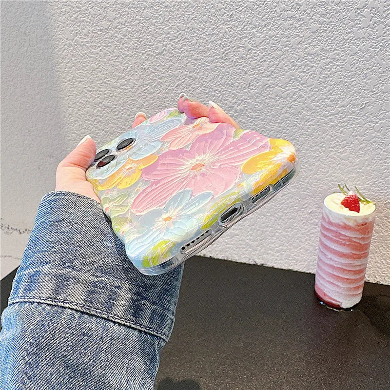 Ottwn Wave Dage Oil Painting Flower Pattern Phone Case For iPhone 15 Pro Max 14 13 12 11 Pro Soft Shockproof Back Bumper Covers