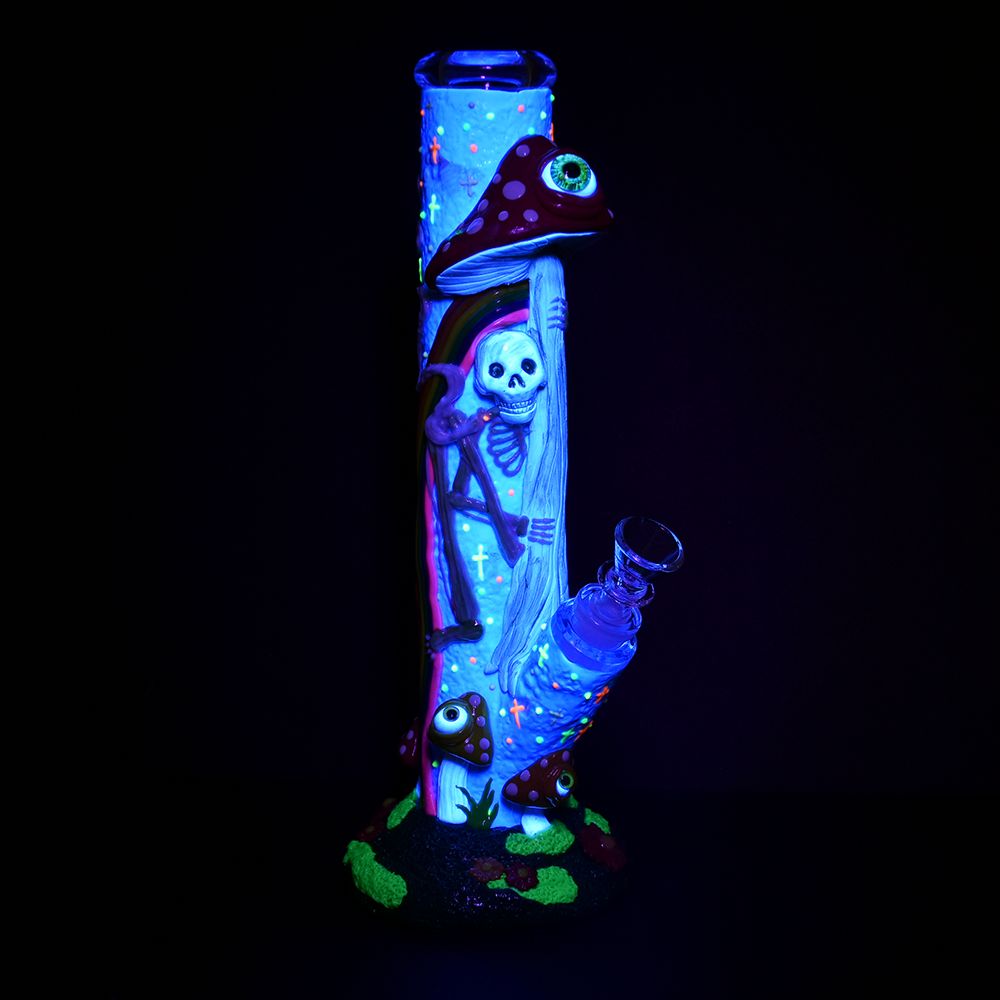 Sneaky Skeleton and Watchful Fungi Glow In Dark Tube Water Pipe - 11.5" / 14mm F