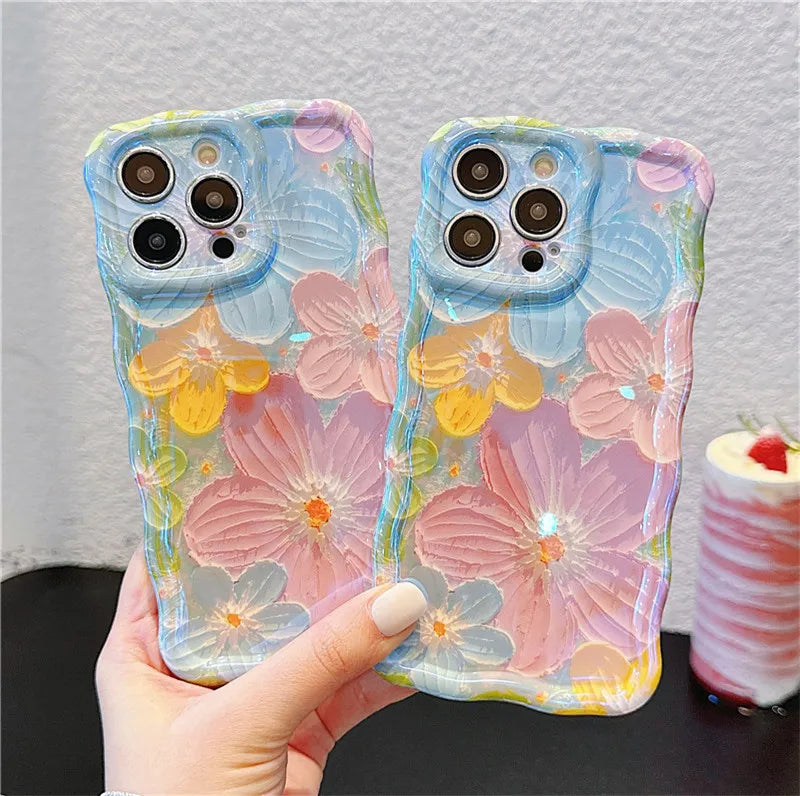 Ottwn Wave Dage Oil Painting Flower Pattern Phone Case For iPhone 15 Pro Max 14 13 12 11 Pro Soft Shockproof Back Bumper Covers