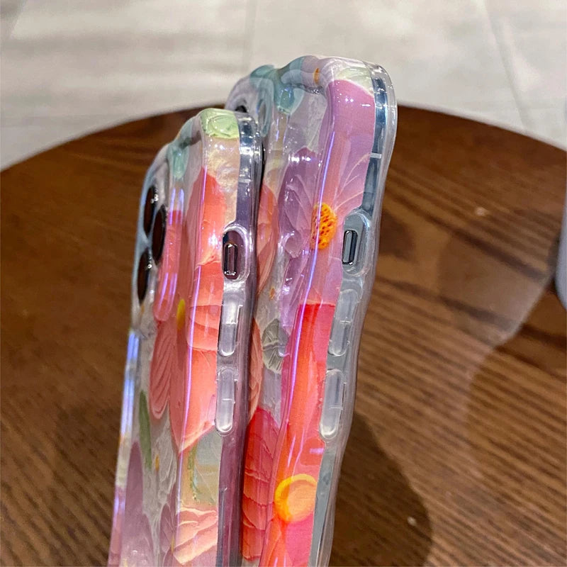 Fashion Wave Border Blue Light Laser Flowers Phone Case For iPhone 11 12 13 14 15 Pro Max Luxury Beautiful Shockproof Soft Cover